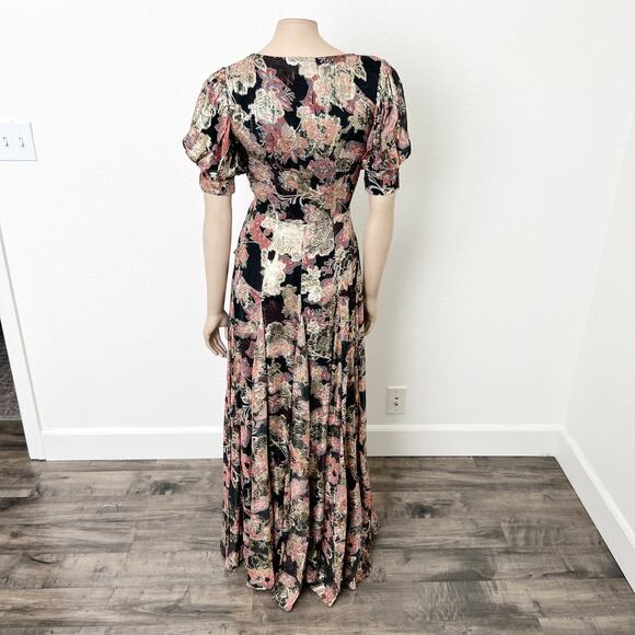 [Hemant & Nandita] Sion Maxi Wrap Dress Metallic Gold Puff Sleeves V-Neck Sz XS - Picture 3 of 14